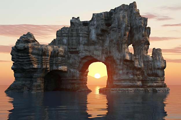 夕暮れの海の石のアーチ