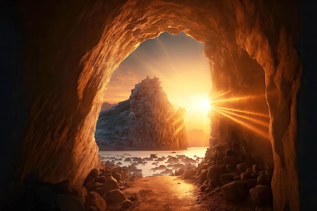 Stone arch with entrance to cave in rays of rising sun holy trinity generative ai