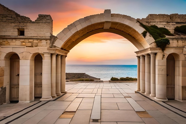 A stone arch with the sun setting behind it