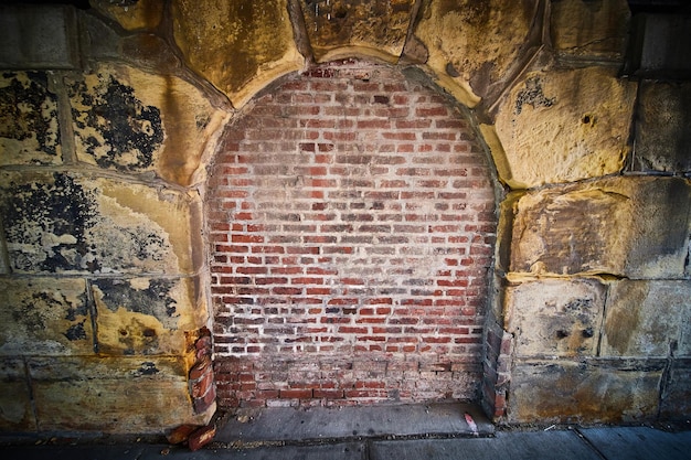 Stone archway eerie filled in with red brick wall