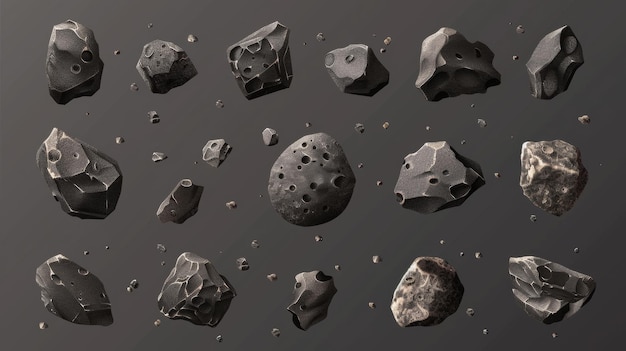 小惑星帯の石は現実的な近代的なイラストです 石無重力で飛ぶ岩石 透明な背景のクレーターの孤立したアイコン 様々な形が使用できます