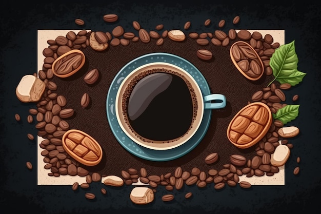 On a stone background a coffee cup beans and ground powder top view with room for your text to copy