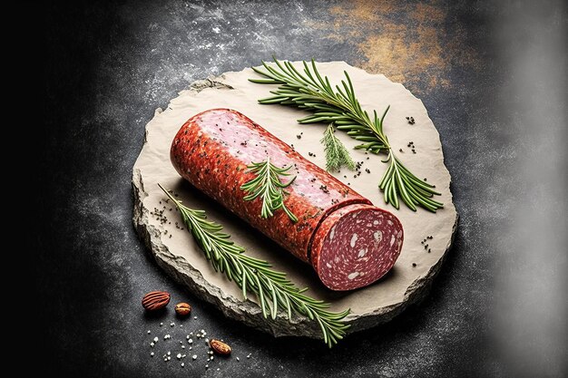 On a stone background a dry salami sausage is topped with fresh rosemary and seasonings