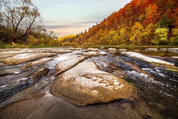 Stone bank against colorful trees growing on hills in autumn