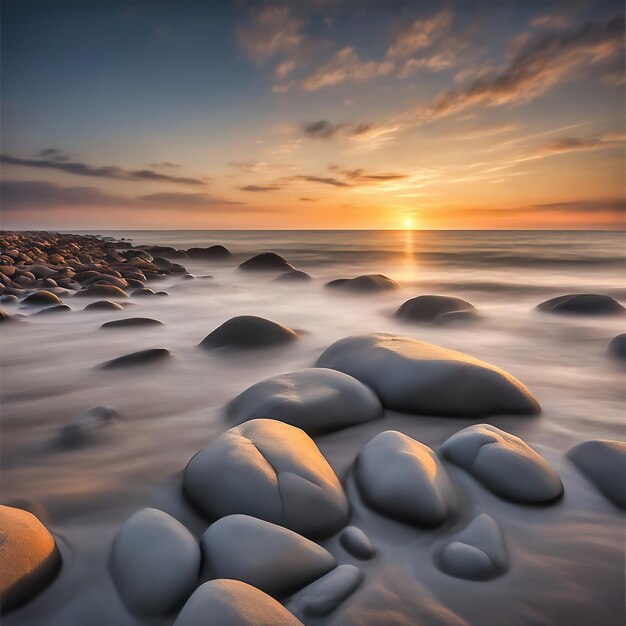 Stone beach by the sea at sunset stones in the foreground long exposure