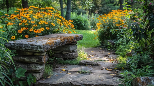 Stone Bench in Garden