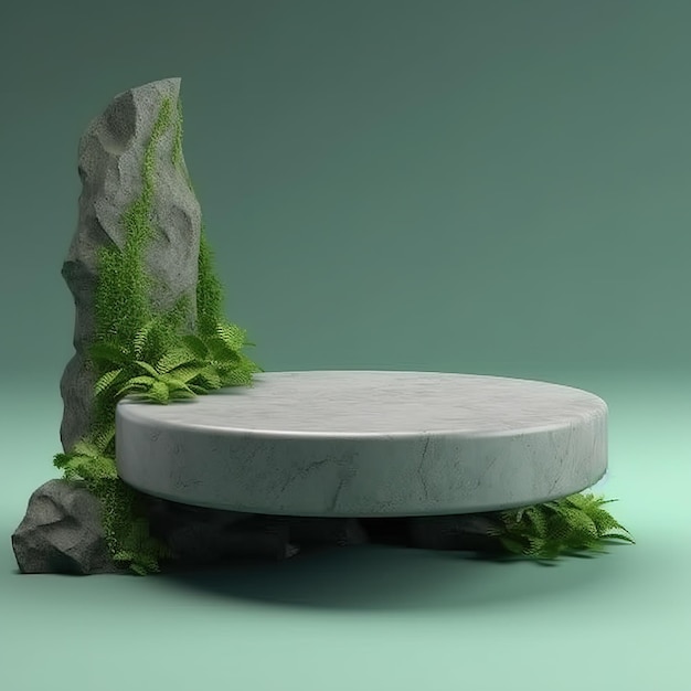 a stone bench with a green plant on it