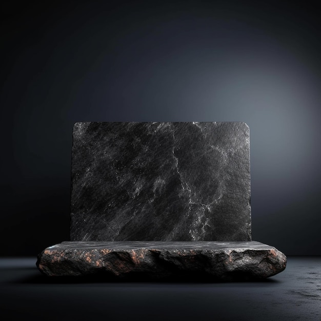 a stone bench with a stone on it and a black background.