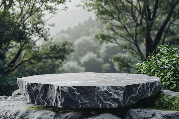 a stone bench with a stone on it and a tree in the background