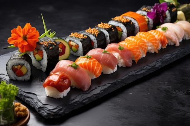 Stone board displaying an assortment of exquisite sushi rolls