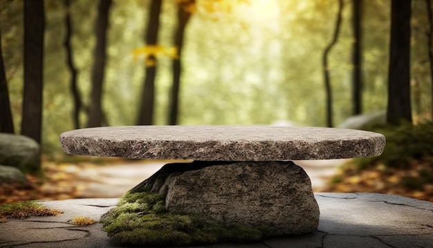 Foto bordo di pietra tavolo vuoto davanti a sfondo sfocato prospettiva pietra marrone su sfocatura alberi nella foresta generativo ai