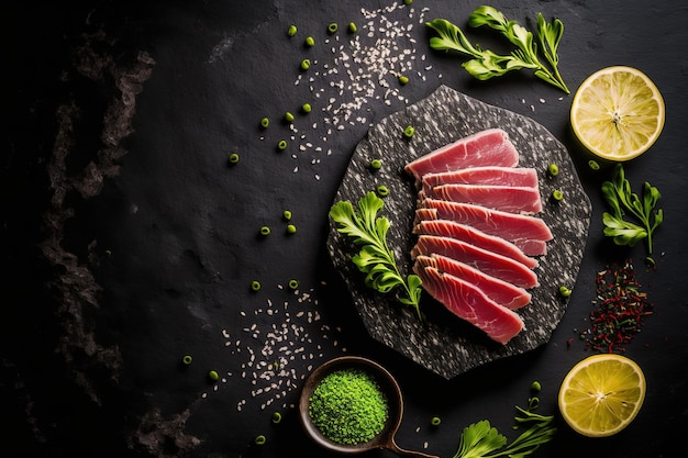 On a stone board with a black stone background a set of raw tuna pieces with the components green pea sesame and herbs are shown There is copyspace and room for content