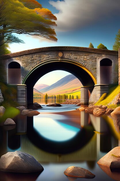 Stone bridge crosses a river in the lake district digital artwork