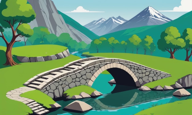 Photo stone bridge and rock mountain with river cartoon background green grass