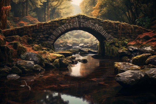 a stone bridge over a stream in a forest