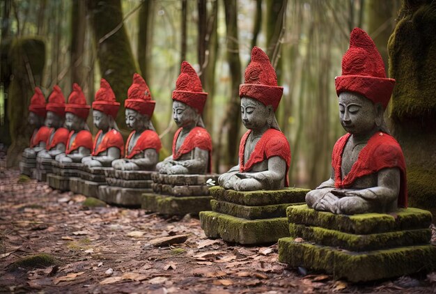 stone buddha statues with red hats in the style of japanese photography