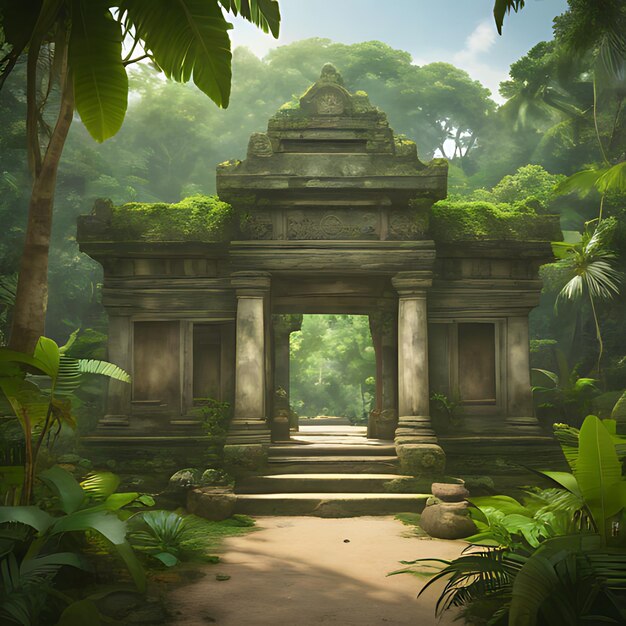 Photo a stone building with a large stone entrance in the middle of the jungle