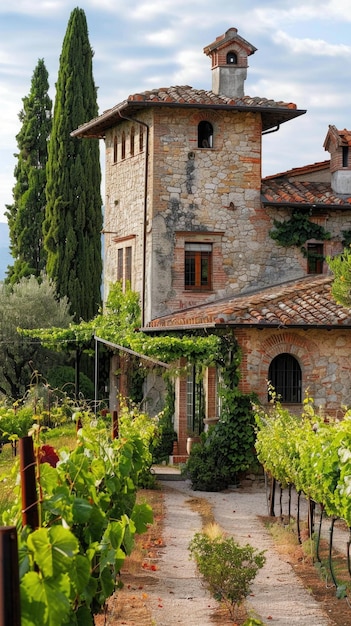a stone building with a tower standing tall amidst a backdrop of vibrant green foliage and trees