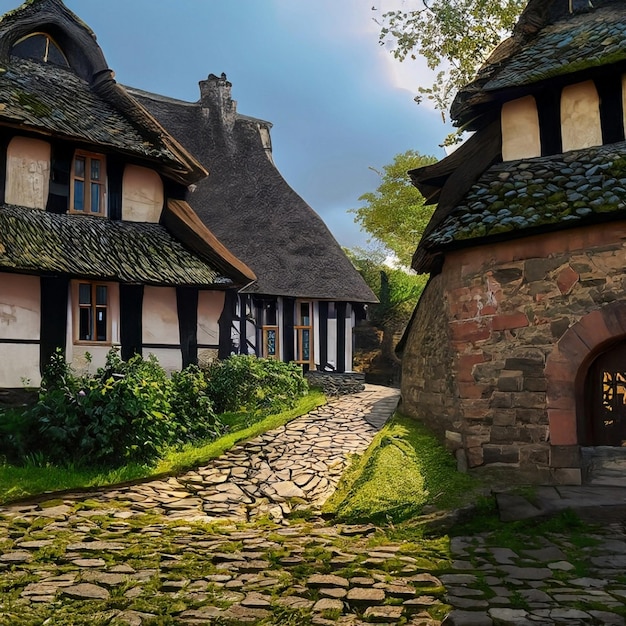 Stone Buildings in Hill Town Street at Sunrise