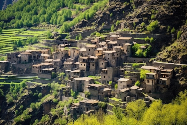 Stone built mountain village on hillside