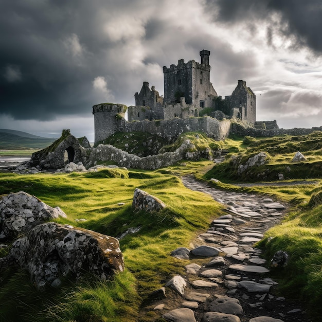 a stone castle on a hill with grass and rocks