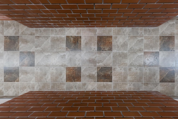 Photo stone and ceramic floor tiles texture in corridor view from above