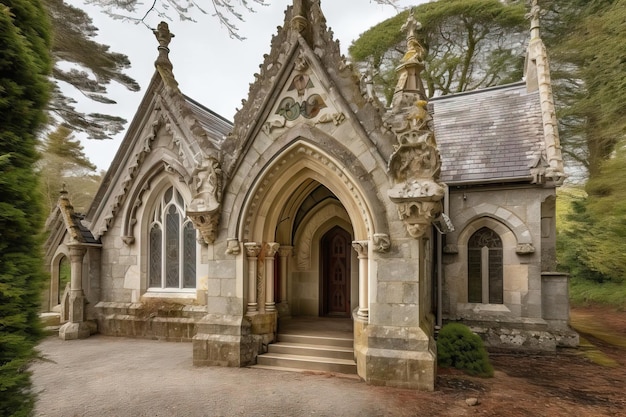 Stone church with intricate stonework and gothic archways created with generative ai