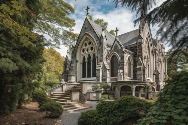 Stone church with intricate stonework and gothic archways created with generative ai