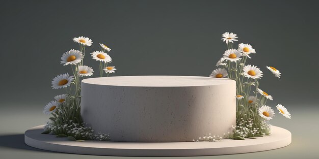 Stone circle podium for product presentation stand with daisy blossoms behind Generative AI