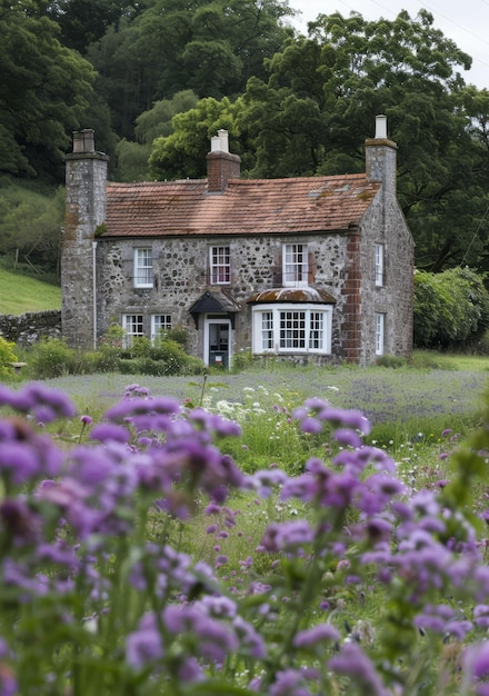 Foto cottage in pietra in un campo di fiori viola