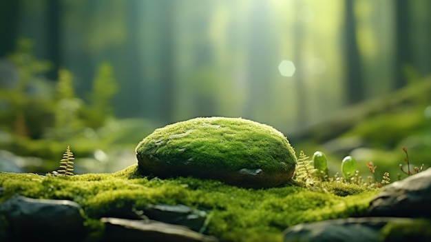 Stone covered with green moss on blurred forest background Close up Nature background with copy space for your design