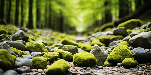Stone covered with green moss on a blurred forest background