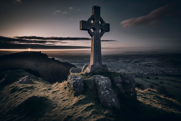 Stone Cross on a hill with a beautiful view, creative ai