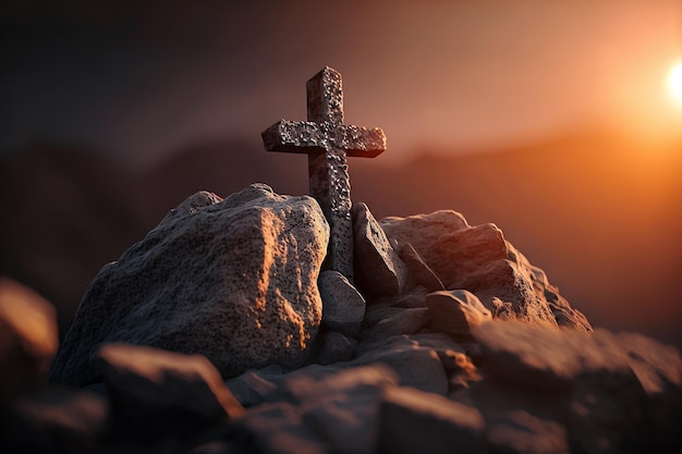 A stone cross on a rock and the rays of the sunconcept faith in god Generative AI