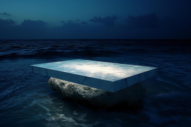 Photo stone cube in the sea with dark sky background