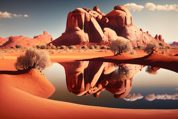 생성 인공 지능으로 생성된 연못에 반사된 붉은 암석과 하늘이 있는 돌 사막 풍경