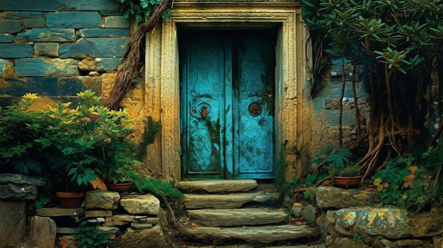 A stone door with plants and blue door in the style of dark gold and turquoise colorful dreams Generative Ai