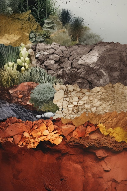 Фон каменной земли и растительной текстуры, созданный с использованием генеративной технологии искусственного интеллекта