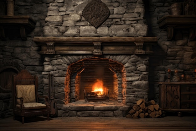 Stone fireplace in comfortable cozy room