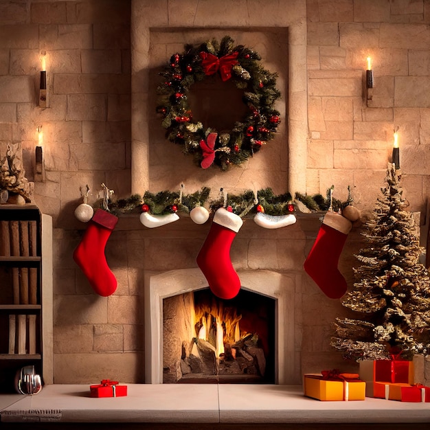 Photo stone fireplace decorated for christmas