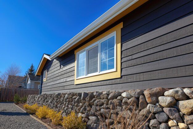 Stone foundation and wooden shingle siding home against blue sky