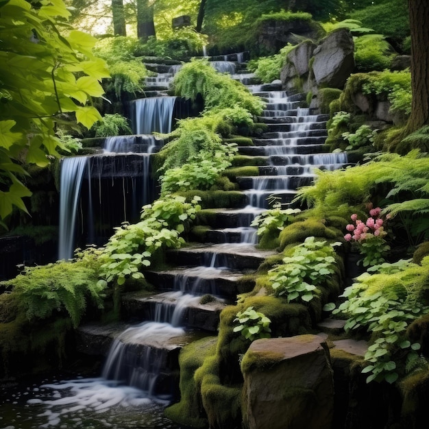 Stone Garden Stairs with Cascading Water