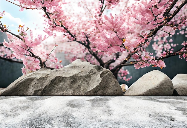 Stone garden with blooming pink spring sakura cherry trees Copy space Generative ai
