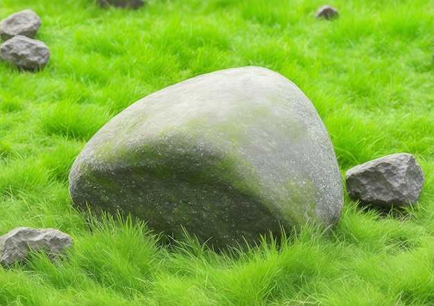 Stone on green grass