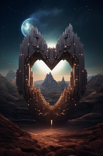 a stone heart in the middle of the mountains in the style of surrealistic fantasy landscapes