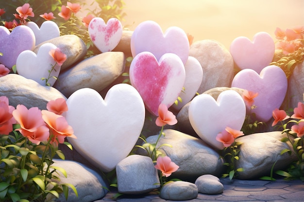 Stone hearts with colorful flowers