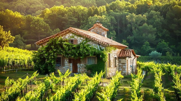 Foto una casa di pietra in un vigneto