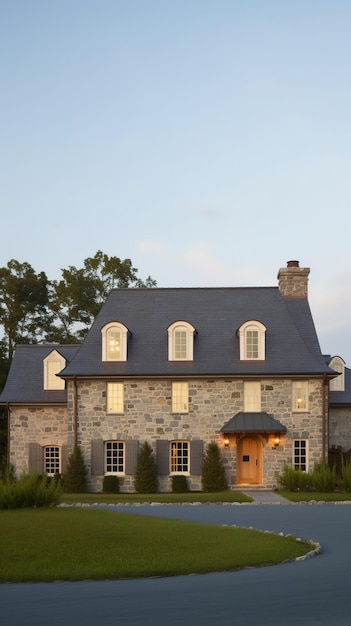 A stone house with a large front porch and a large front porch.