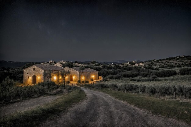 Stone houses with tiled roofs in the countryside at night