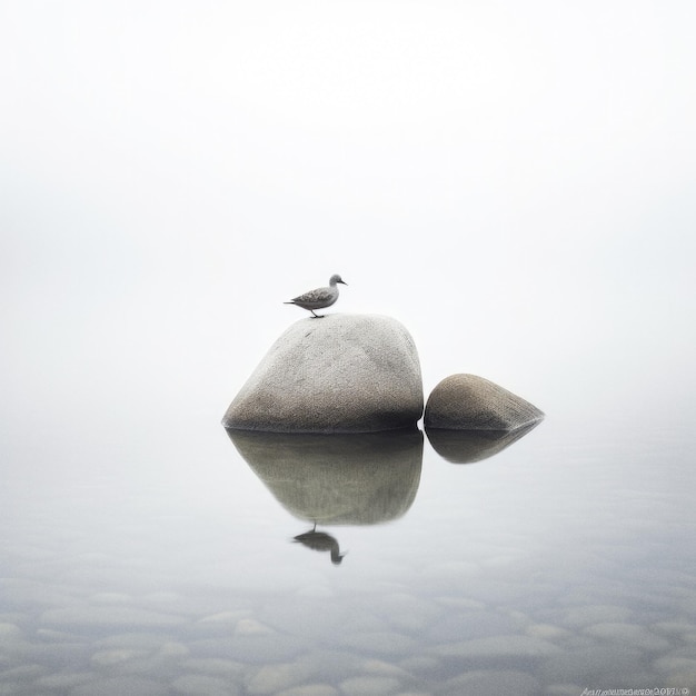 写真 穏やかな湖水の石、霧のリラックスした雰囲気